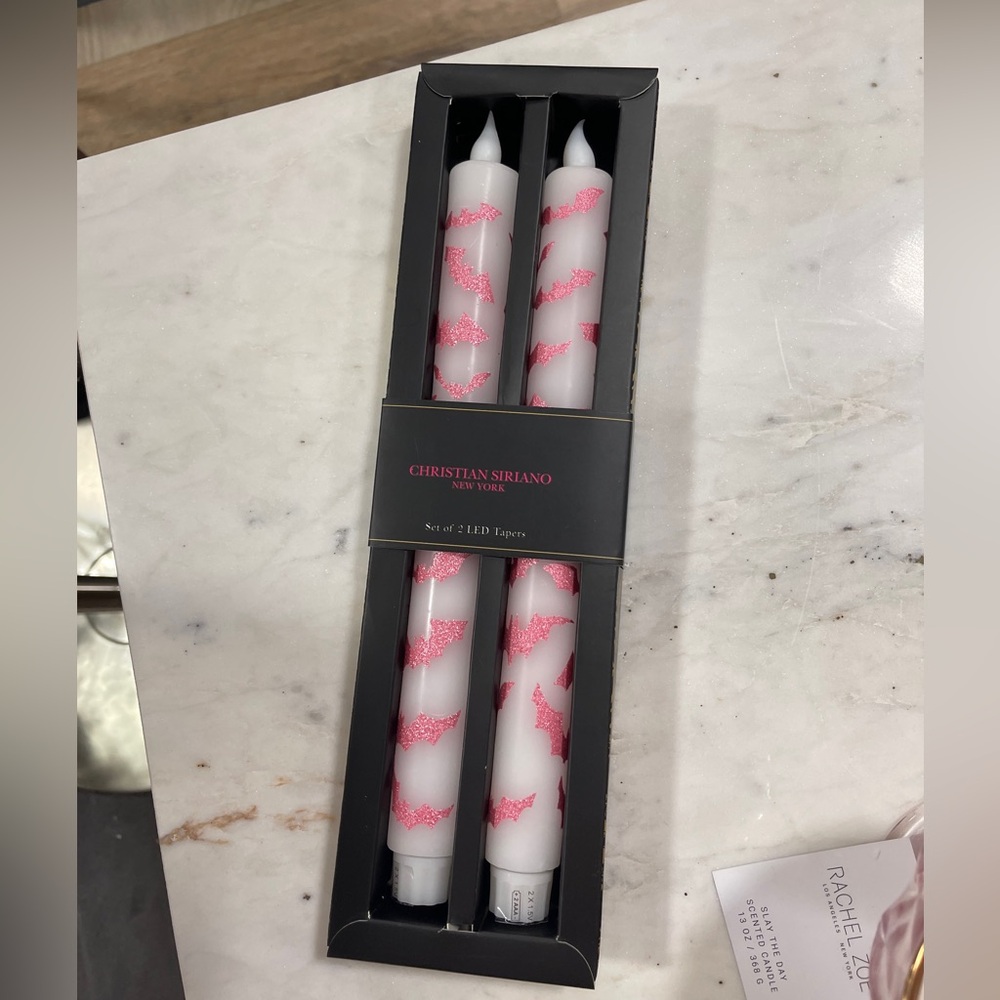 Pink Halloween Glitter Bat LED Taper Candle Set of 2 Christian Siriano NWT